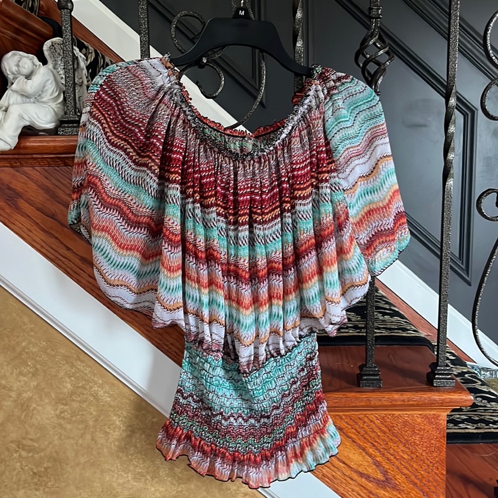 Women’s Off The Shoulder Butterfly Sleeves Smocked Bodice W/Caribbean Colors